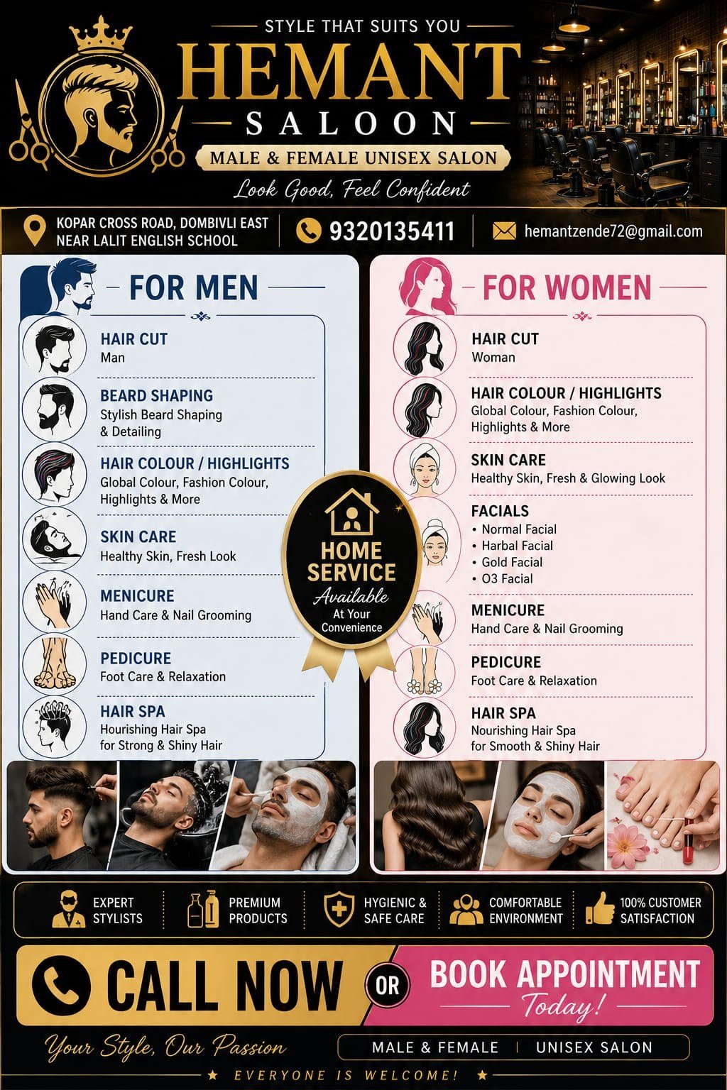 Hemant Saloon’s printed poster, listing its services for men and for women, its address at Kopar Cross Road, Dombivli East, and its telephone number