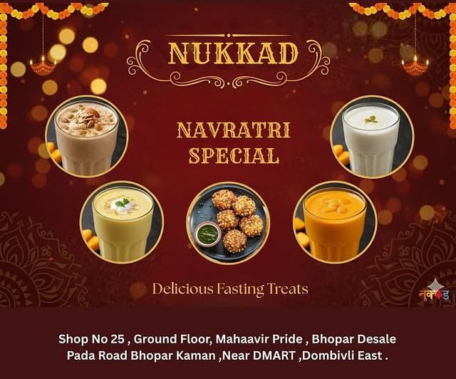 The restaurant’s Navratri poster, showing fasting drinks and a plate of fasting snacks.
